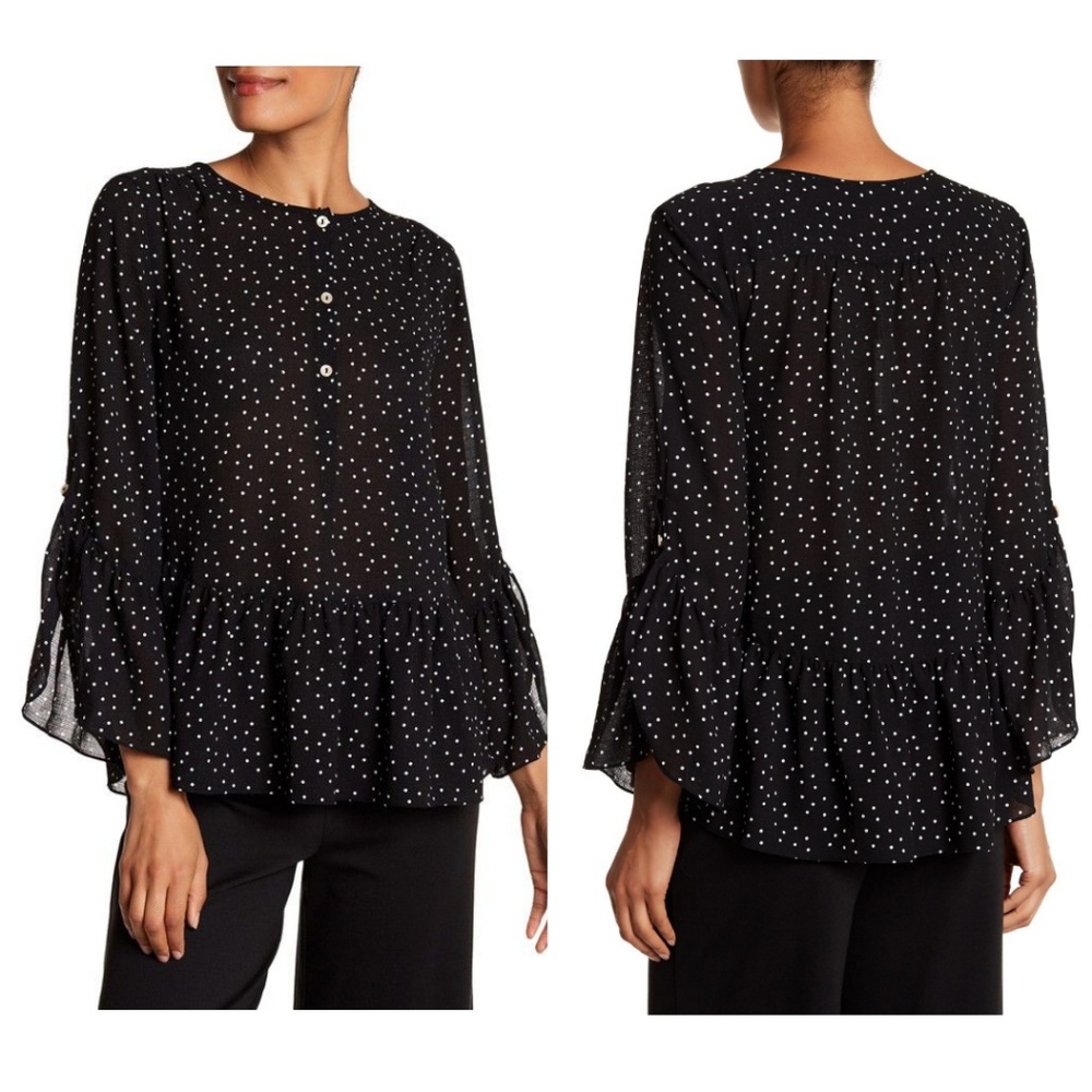 MAX STUDIO Bell Sleeve Semi sheer Polka Dot Blouse